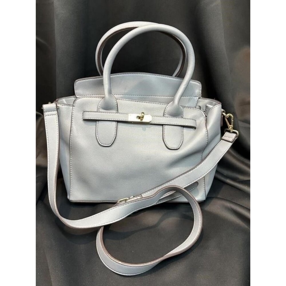Gray Faux Leather Handbag With Top Handles & Detachable Strap